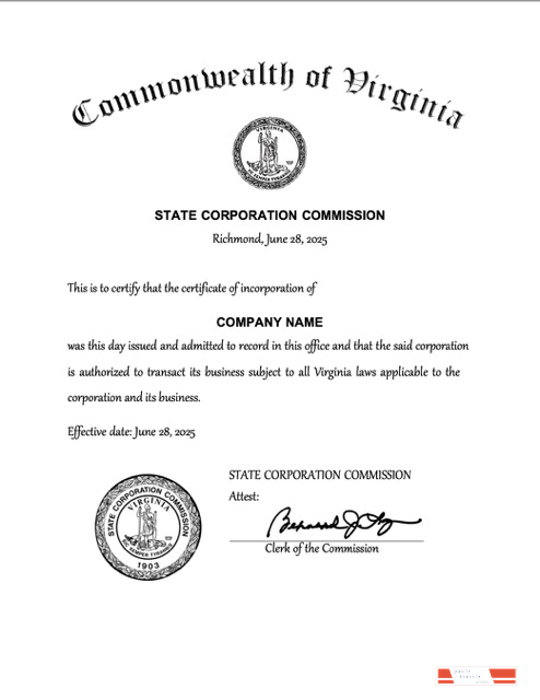 USA Virginia certificate of incorporation Word and PDF template